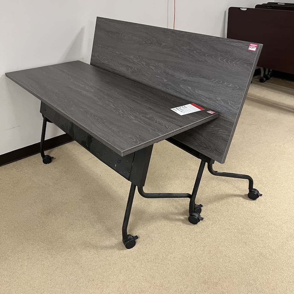 60x24 grey laminate training table with black base, flip, fold nest, used office furniture desk break room