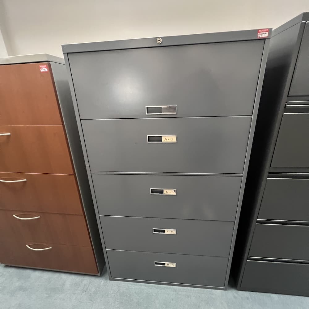 grey metal 5 drawer lateral file with retractable top, used steelcase, used office furniture, storage