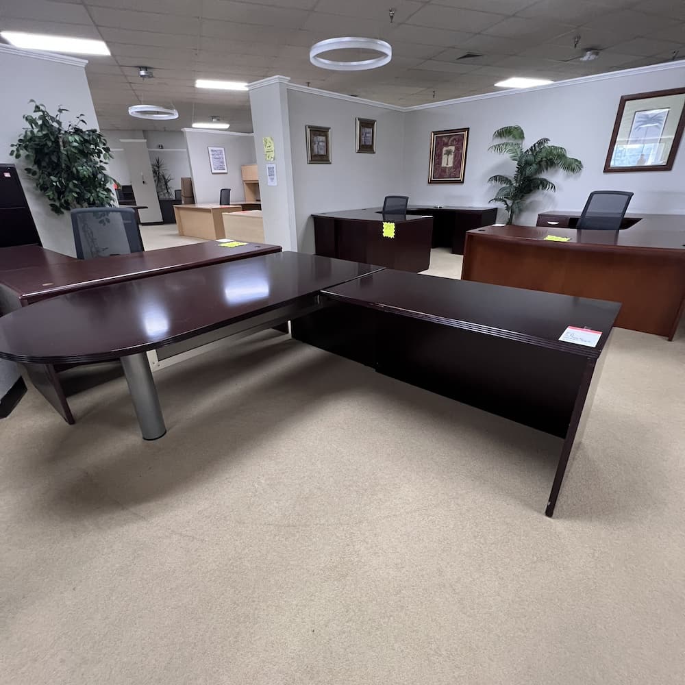 mahogany l-desk with bullet nose and right return, used office furniture