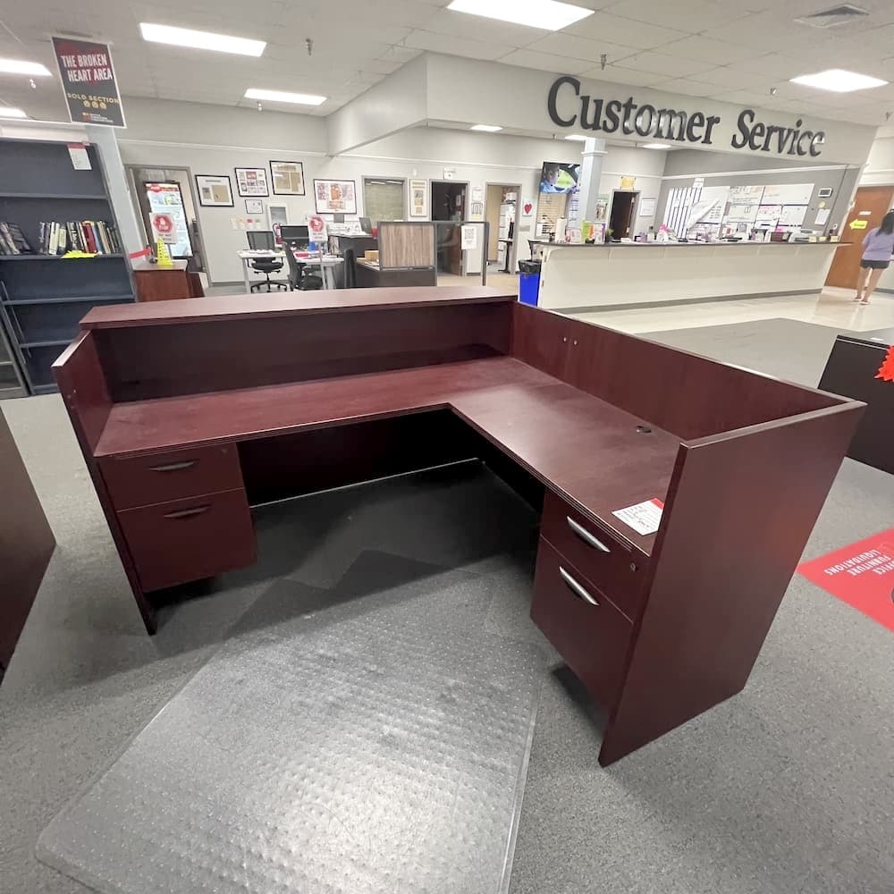 mahogany l-desk reception laminate with 2 hanging box files, used office furniture