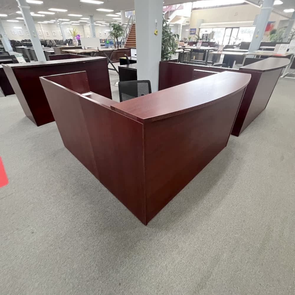mahogany l-desk reception laminate with 2 hanging box files, used office furniture
