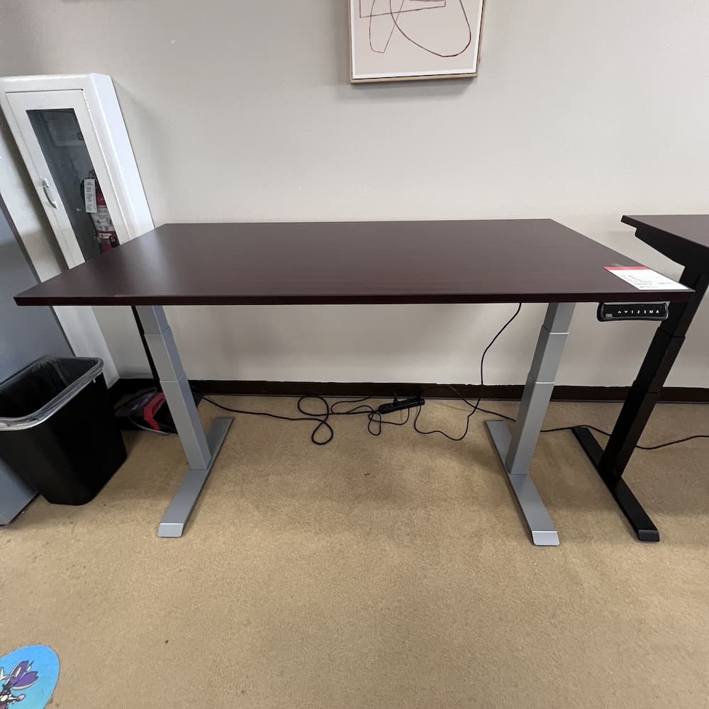 mahogany laminate 60x30 height adjustable desk with grey base, office furniture, standing desk