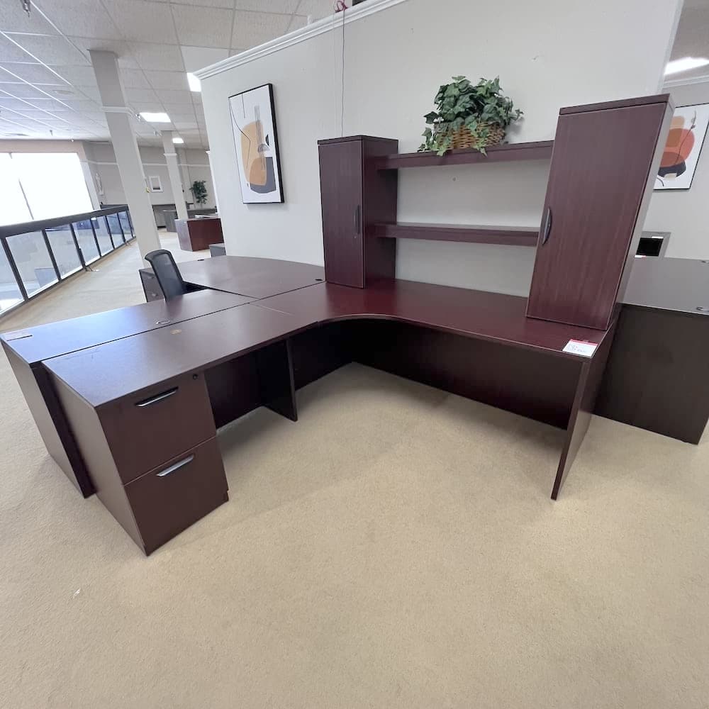 mahogany l-desk left return with single pedestal file, with hutch and two doors with middle shelf. Used office furniture