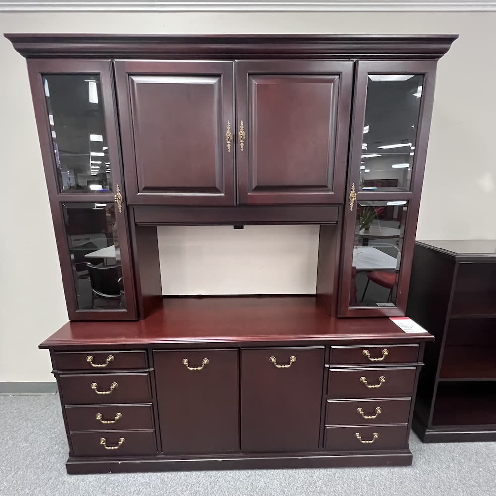 mahogany veneer wood hutch credenza with file file and glass doors, pin board, used office furniture