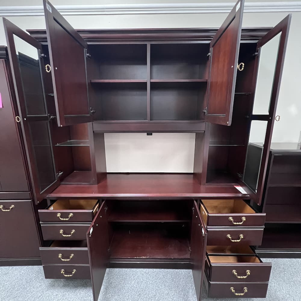 mahogany veneer wood hutch credenza with file file and glass doors, pin board, used office furniture