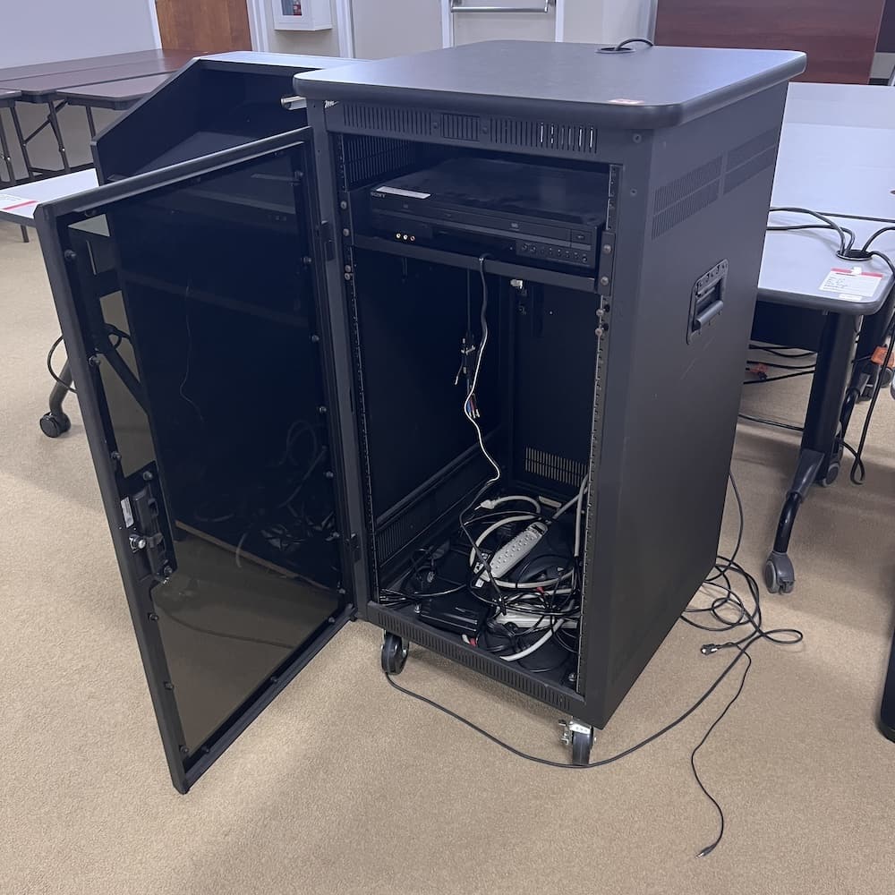 black metal media tower, middle Atlantic, rolling storage, used office furniture