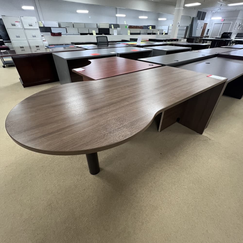 walnut laminate bullet nose peninsula desk, used office furniture