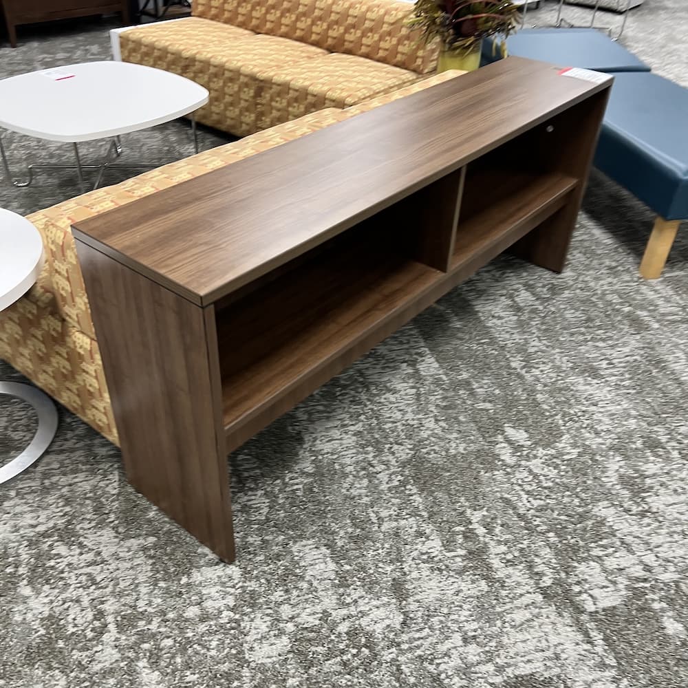 walnut laminate credenza console with open shelves