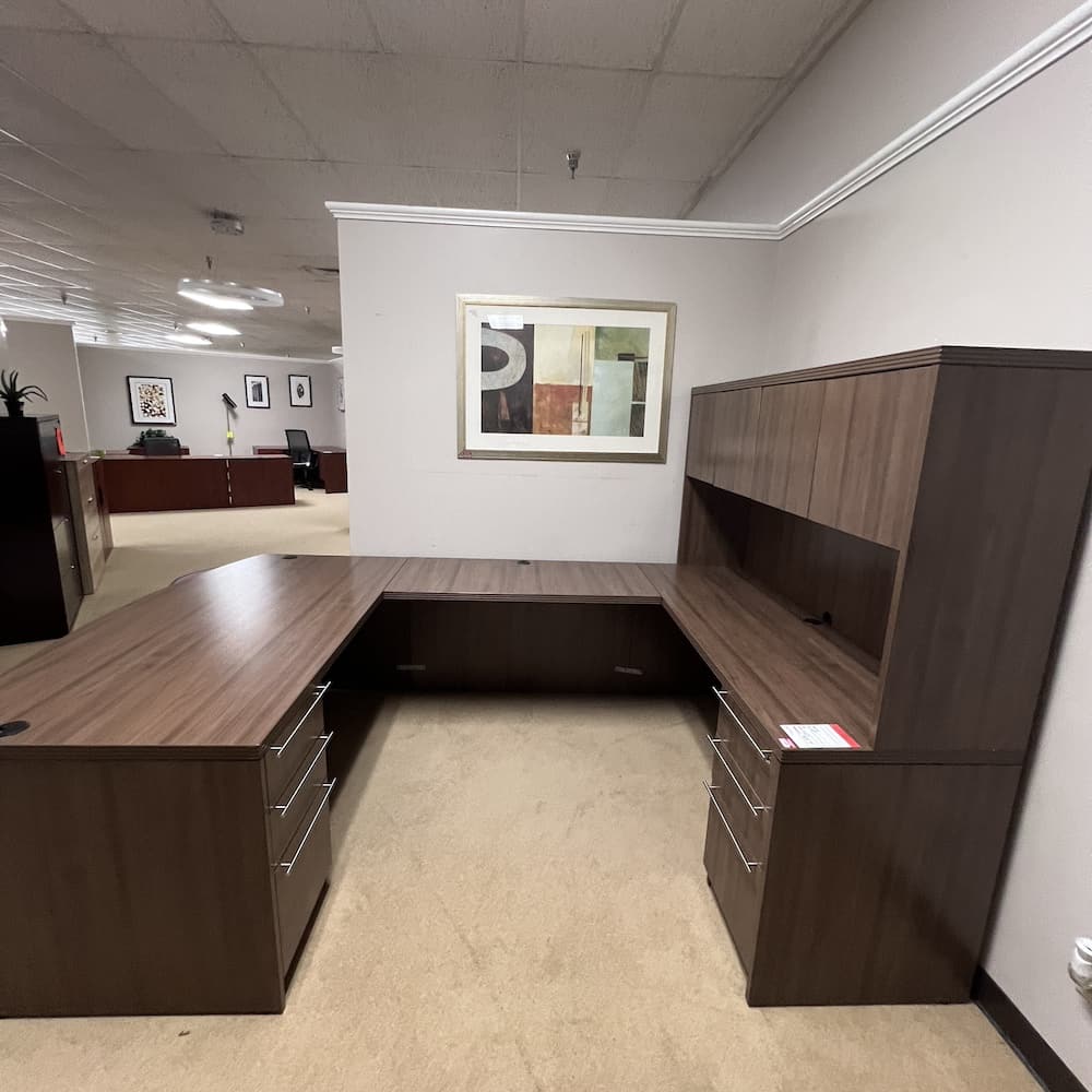 walnut laminate u-desk right return with hutch and double pedestal, laminate, used office furniture