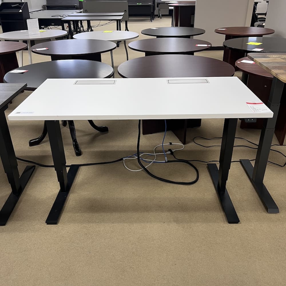 white laminate desk 60 x 30 and black metal base, standing desk, electric height adjustable, used office furniture