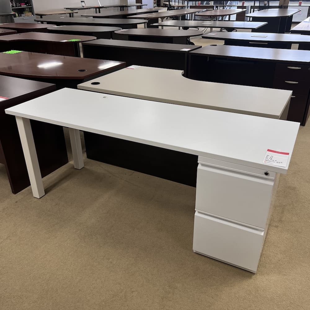 white laminate desk table with white metal legs, file/file, used office furniture