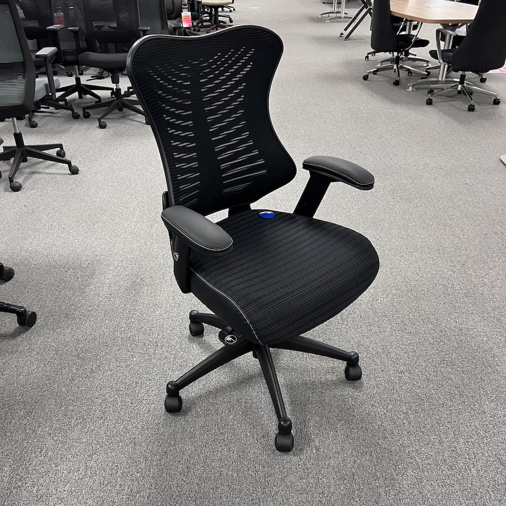 new black office task chair, mesh back upholstered seat