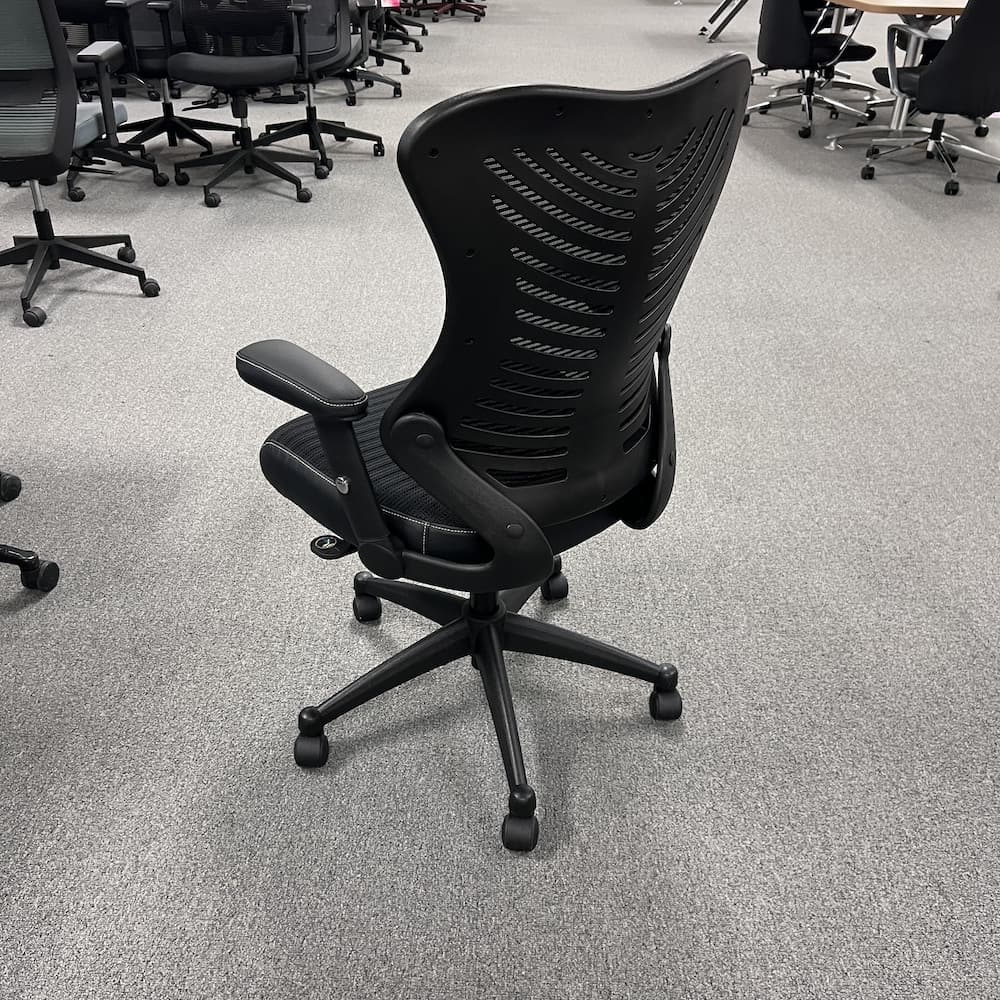 new black office task chair, mesh back upholstered seat