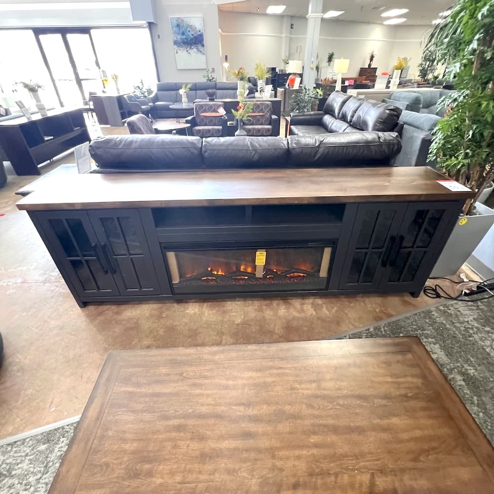 black and whisky legends Essex 97" fireplace tv console stand, open box scratch n dent home goods furniture