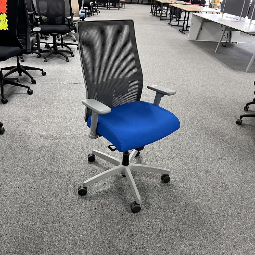 blue upholstered seat with grey mesh back hon brand ignition task chair, used office furniture