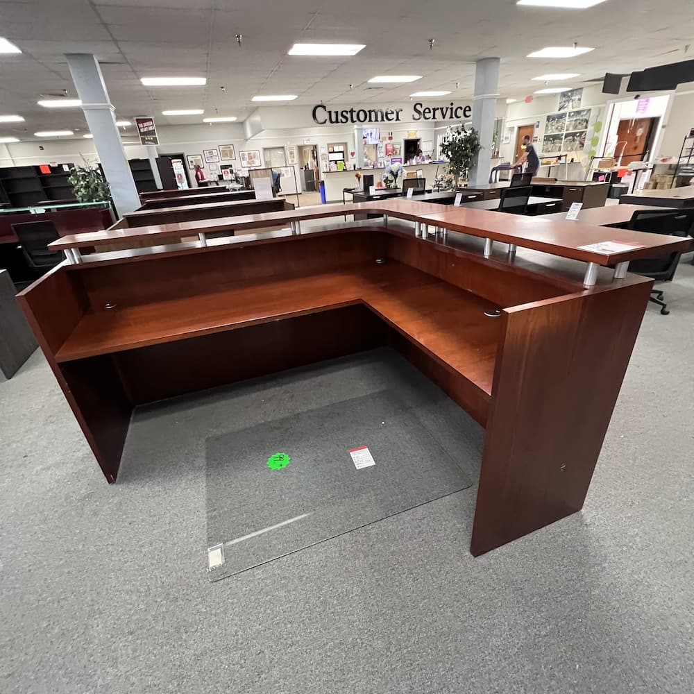 cherry veneer l-desk reception shell with floating transaction top, used office furniture