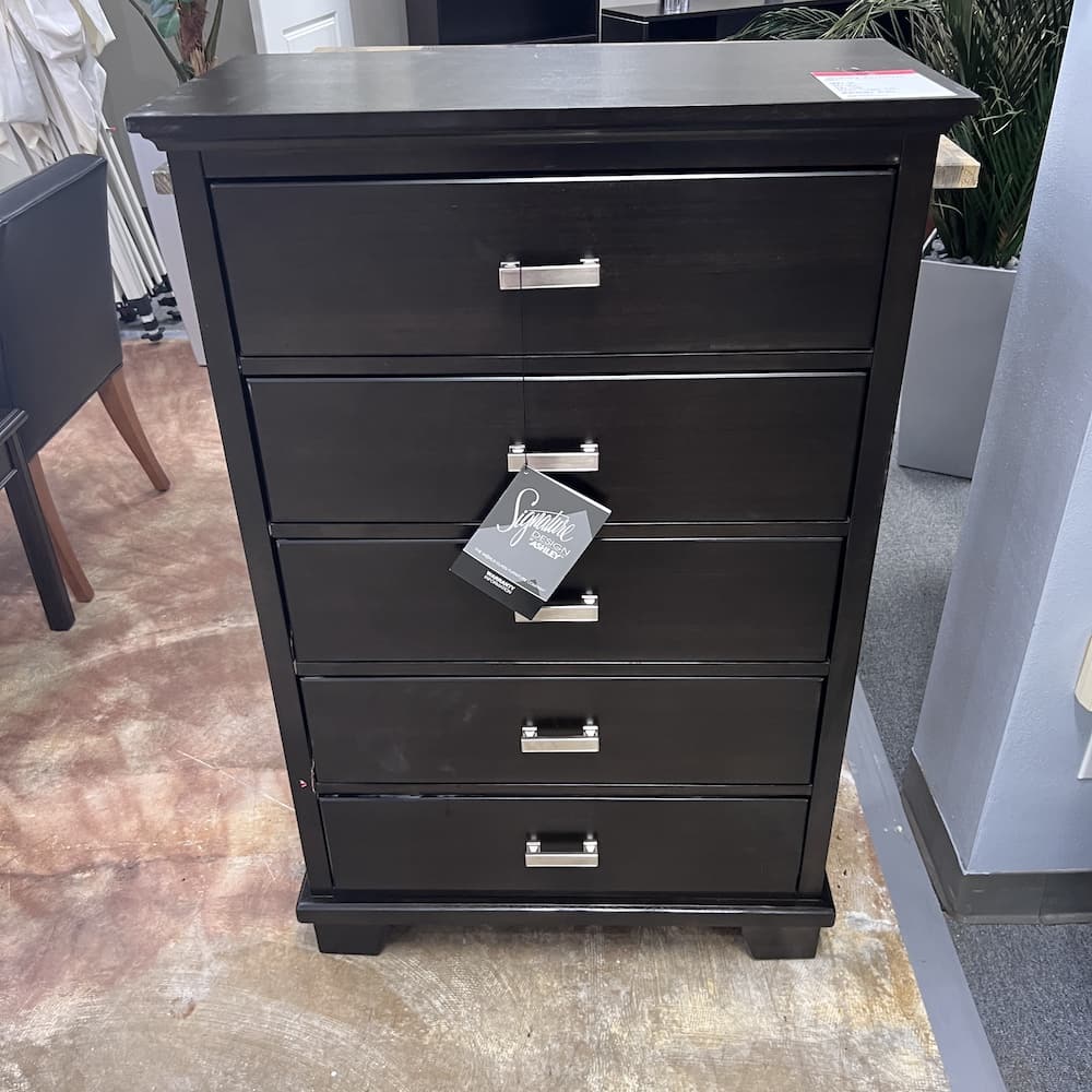 espresso 5 drawer tall boy dresser with silver pulls, open box, home furniture, home goods, used furniture