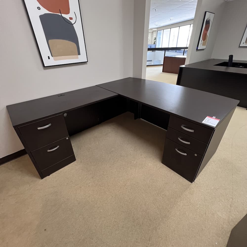 espresso L-desk right return with double pedestal, laminate, used office furniture, bow front