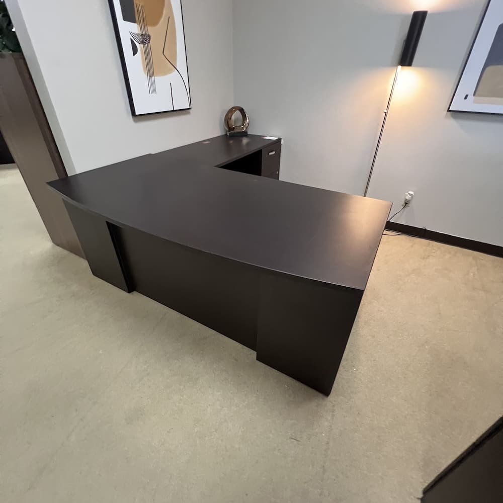 espresso L-desk right return with double pedestal, laminate, used office furniture, bow front