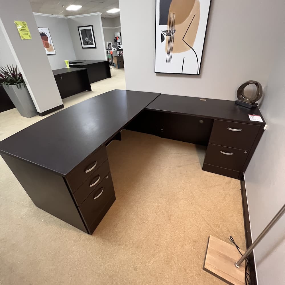 espresso L-desk right return with double pedestal, laminate, used office furniture, bow front
