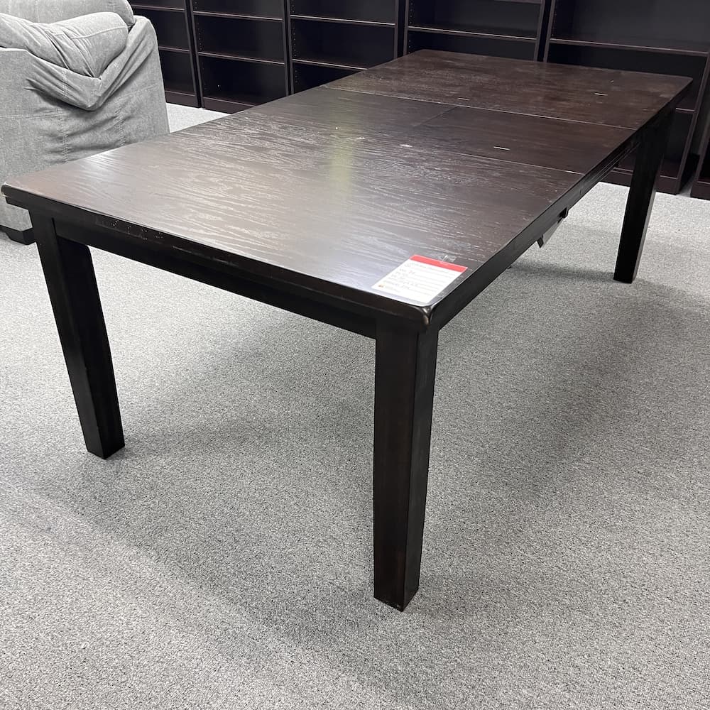 espresso rectangle dining room table with removable leaves, expandable, used furniture