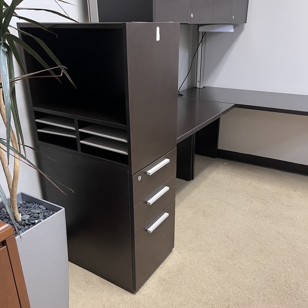 espresso laminate l-desk with hutch, set up with storage tower with shelves and Box box file, used office furniture, Teknion brand