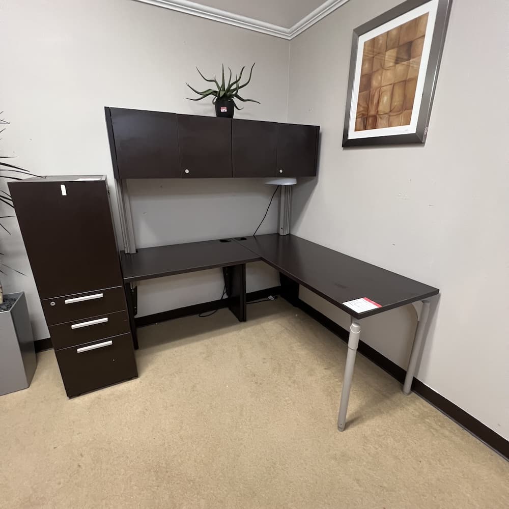 espresso laminate l-desk with hutch, set up with storage tower with shelves and Box box file, used office furniture, teknion brand
