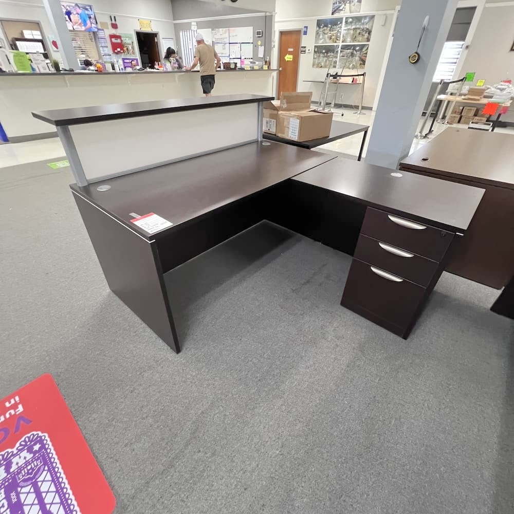 espresso l-desk reception desk, right return, acrylic window, small, used office furniture