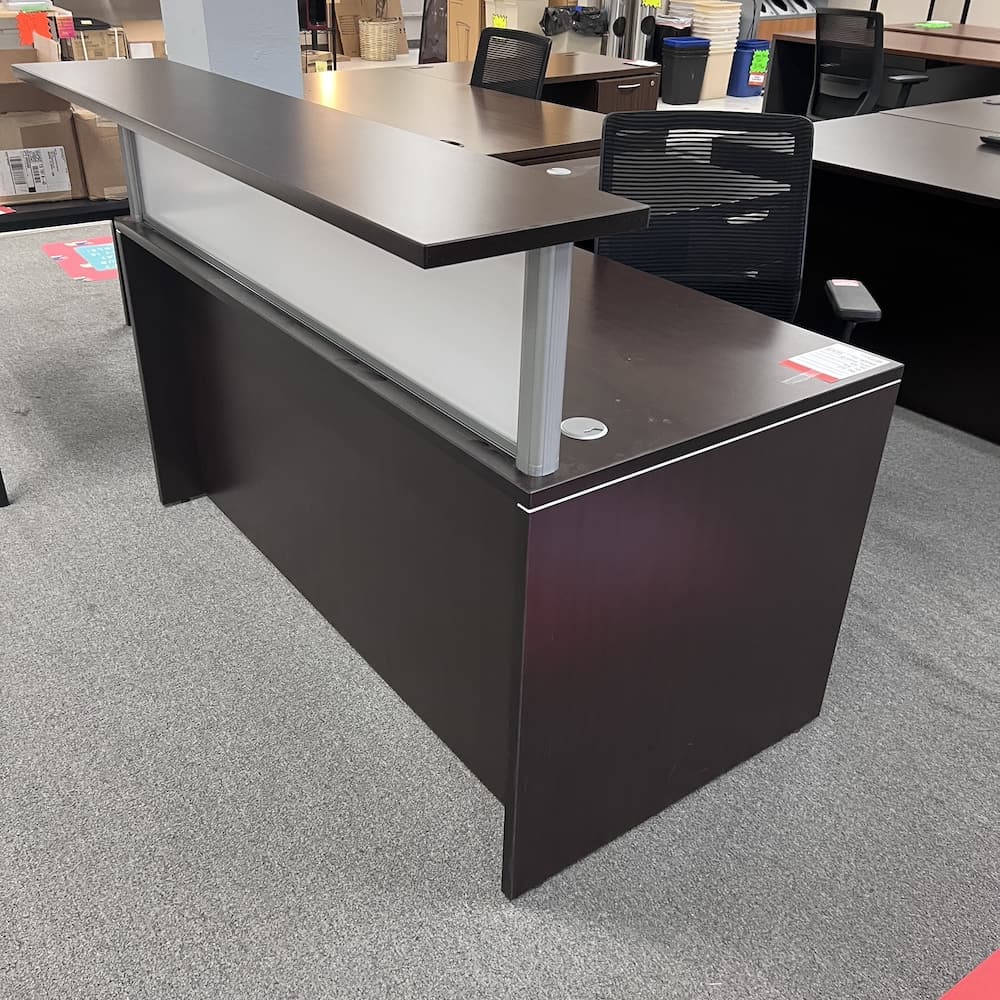 espresso l-desk reception desk, right return, acrylic window, small, used office furniture