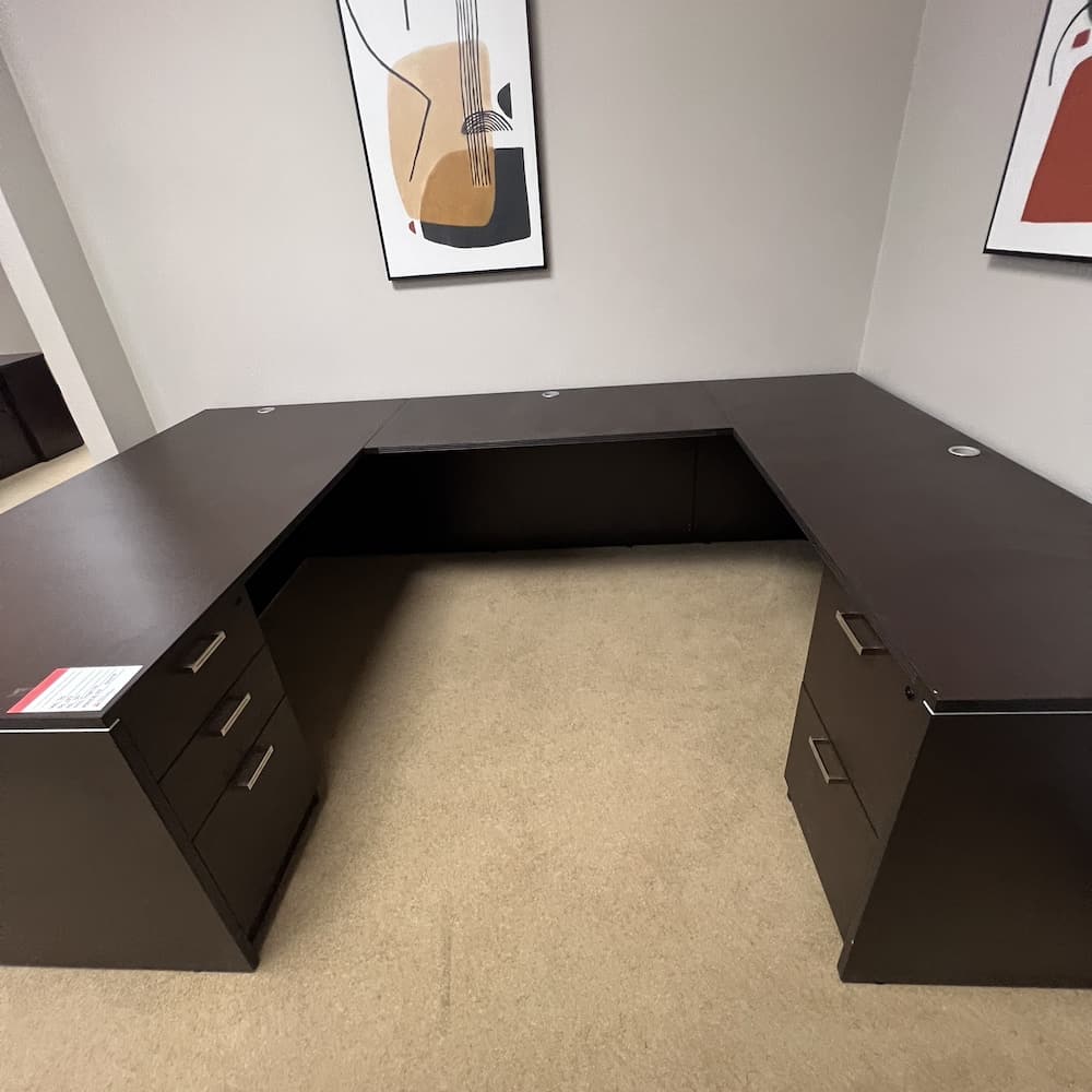 espresso laminate u-desk right return with double pedestal, global brand, used office furniture