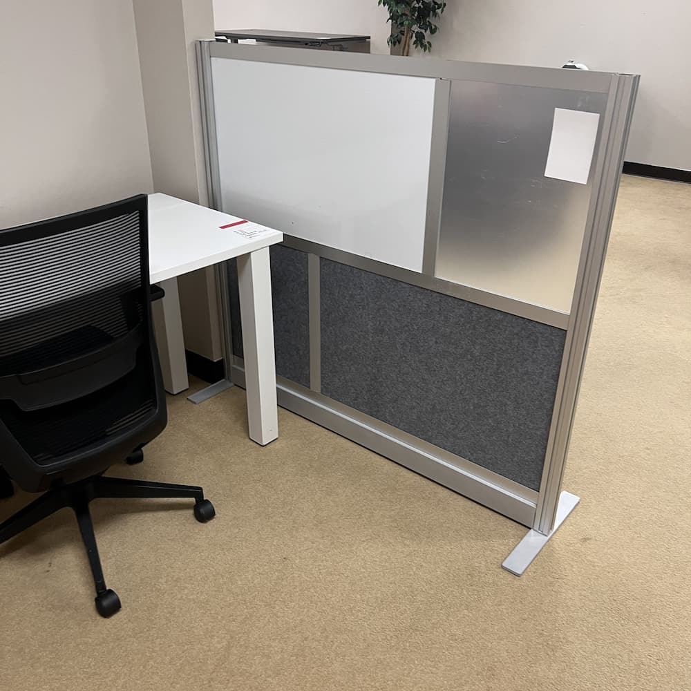 panel, grey fabric with white dry erase and acrylic squares, freestanding, used office furniture, divider