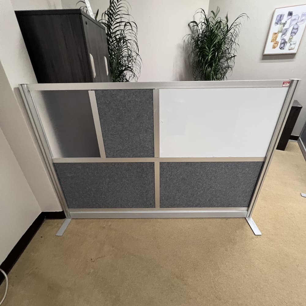 panel, grey fabric with white dry erase and acrylic squares, freestanding, used office furniture, divider