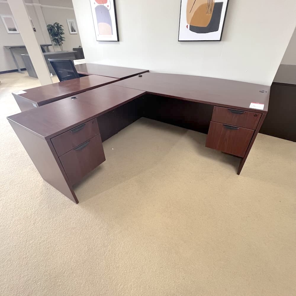 mahogany l-desk left return double pedestal bow front
