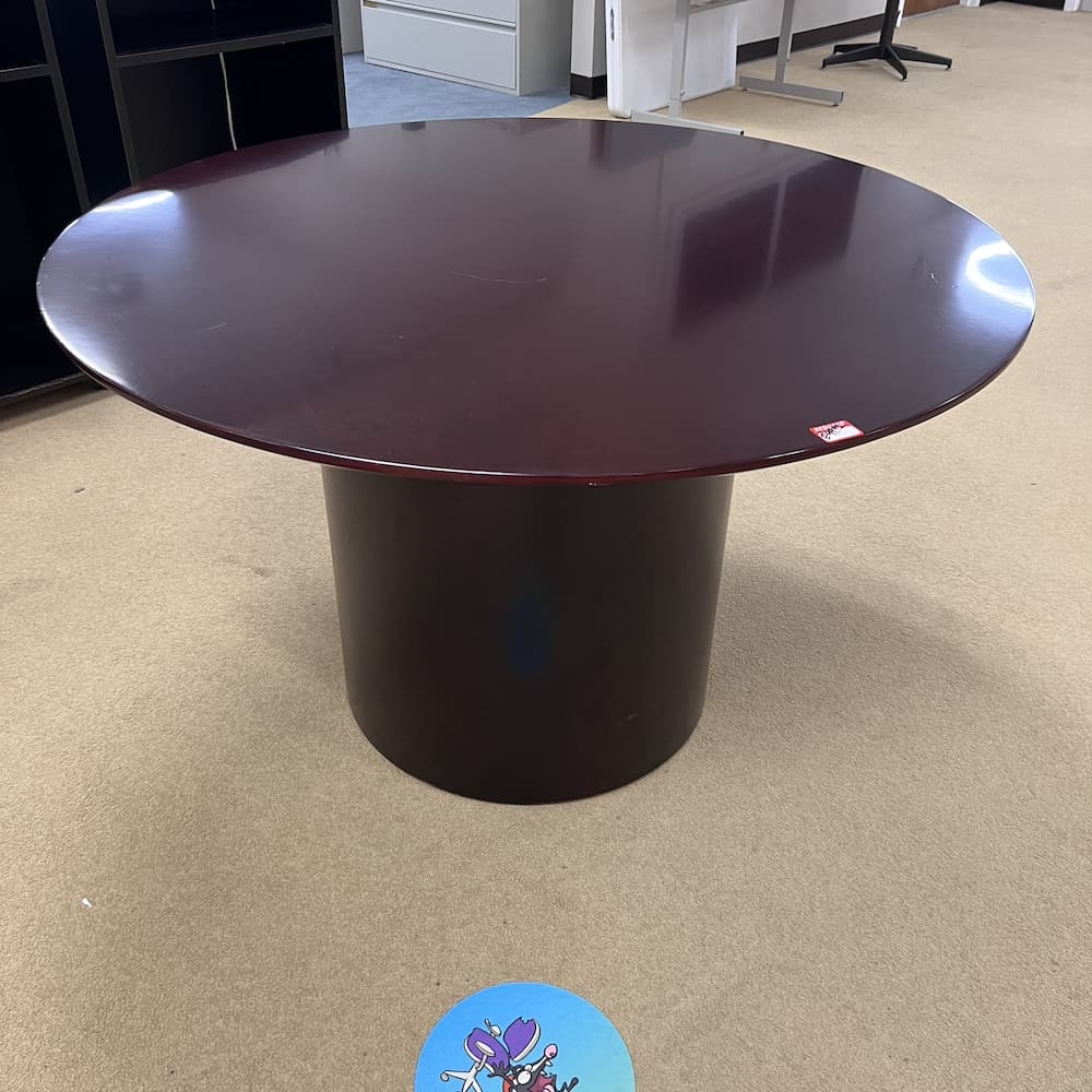 mahogany veneer training table with knife edge and faux floating top, barrel base, used office furniture