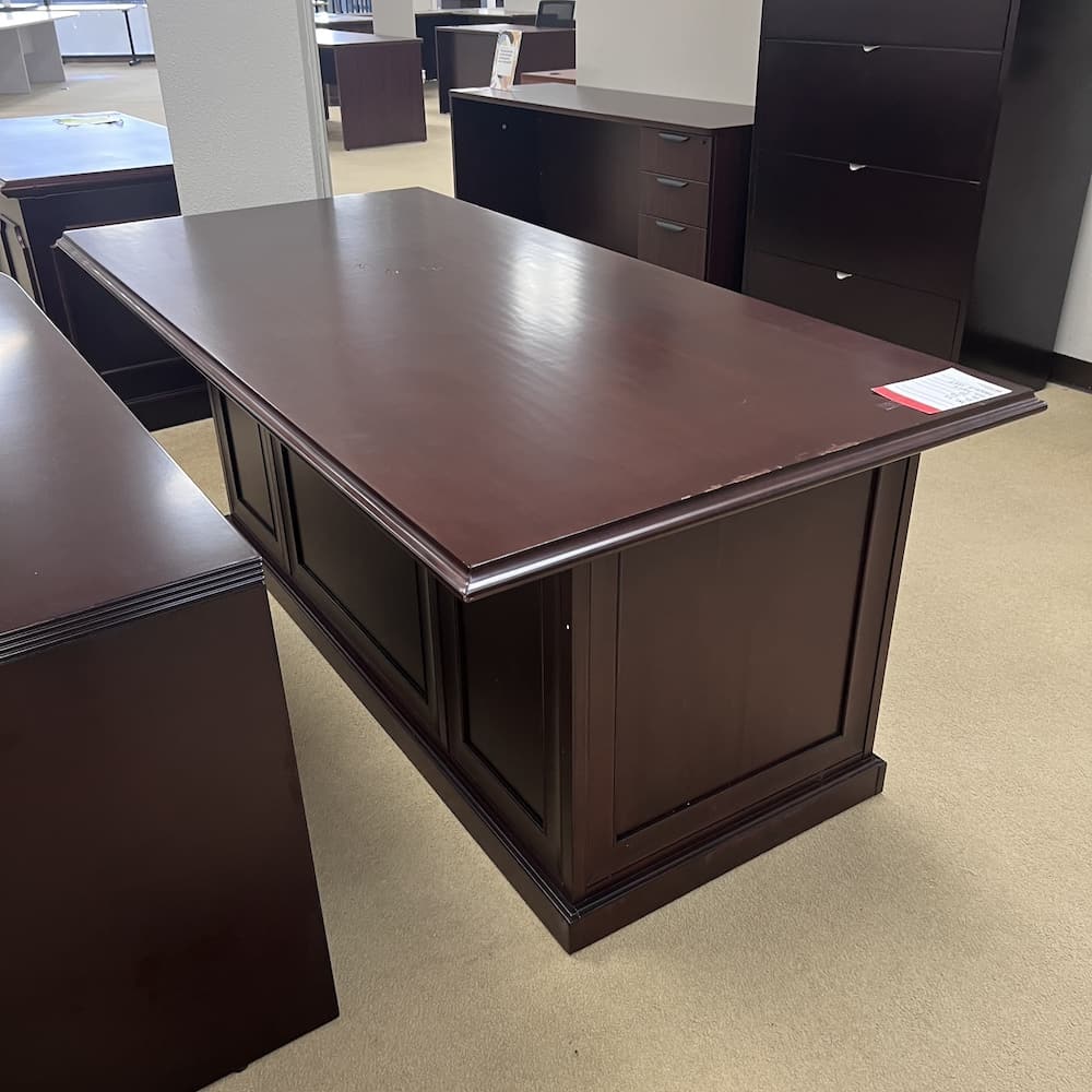 mahogany veneer traditional executive desk, brass pulls, used office furniture