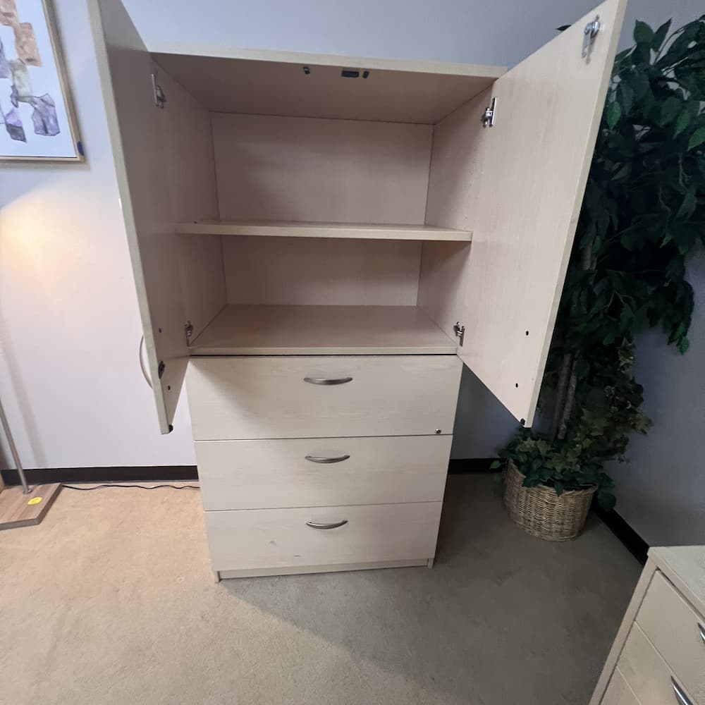 maple 2 door storage cabinet with 3 drawer lateral file, used office furniture