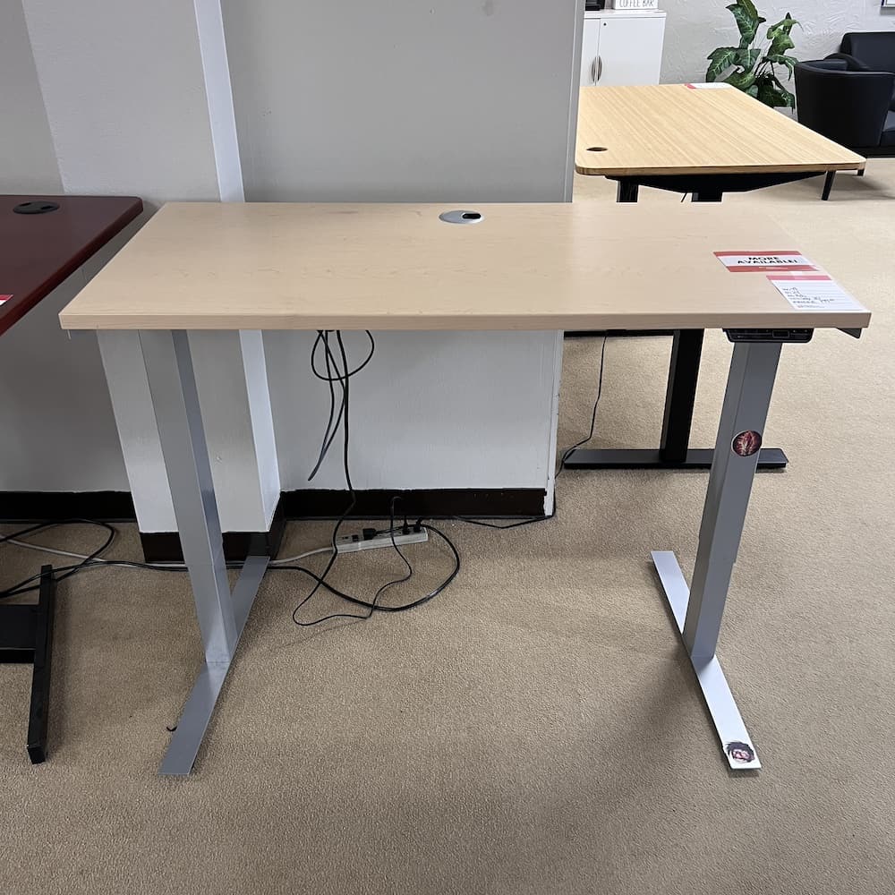 48 x 24 maple laminate desk height adjustable standing desk, electric, used office furniture, silver base