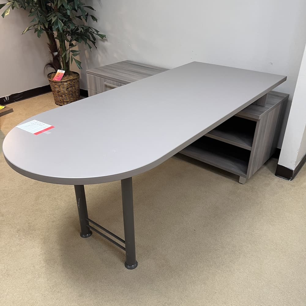 global brand, taupe bullet nose l-desk, left return, box/file lateral, used office furniture