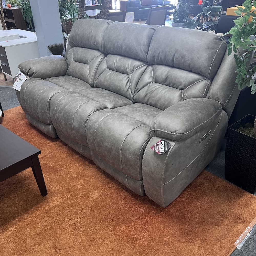 taupe grey upholstered power recliner sofa with a suede finish, open box home goods, Skywalker homestretch