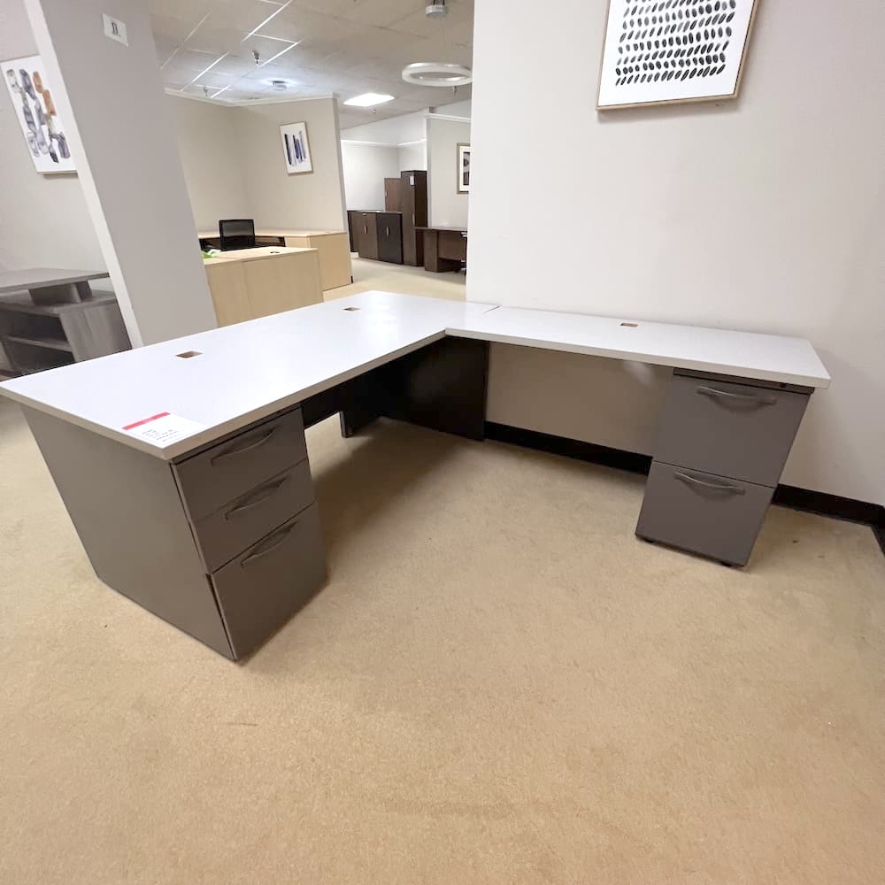 taupe metal and light grey laminate l-desk, right return, Herman Miller brand, used office furniture