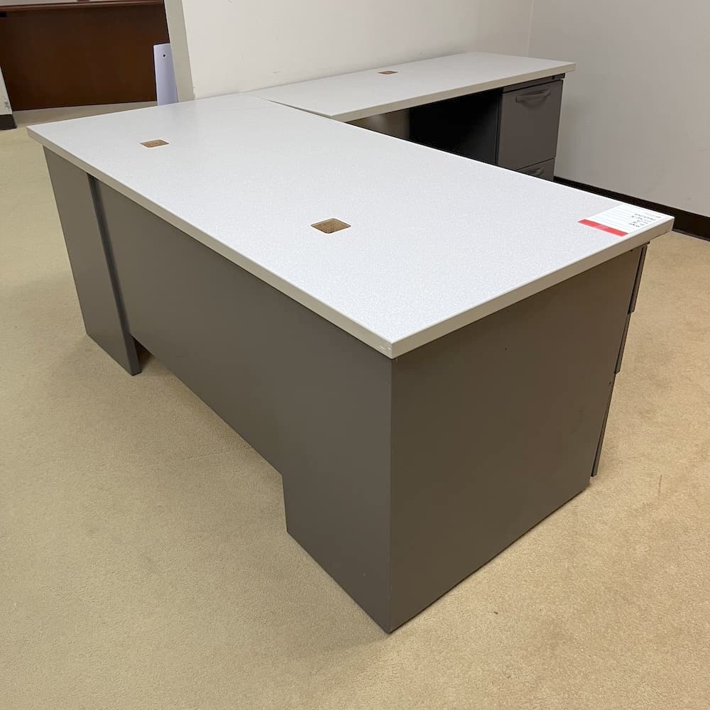 taupe metal and light grey laminate l-desk, right return, Herman Miller brand, used office furniture