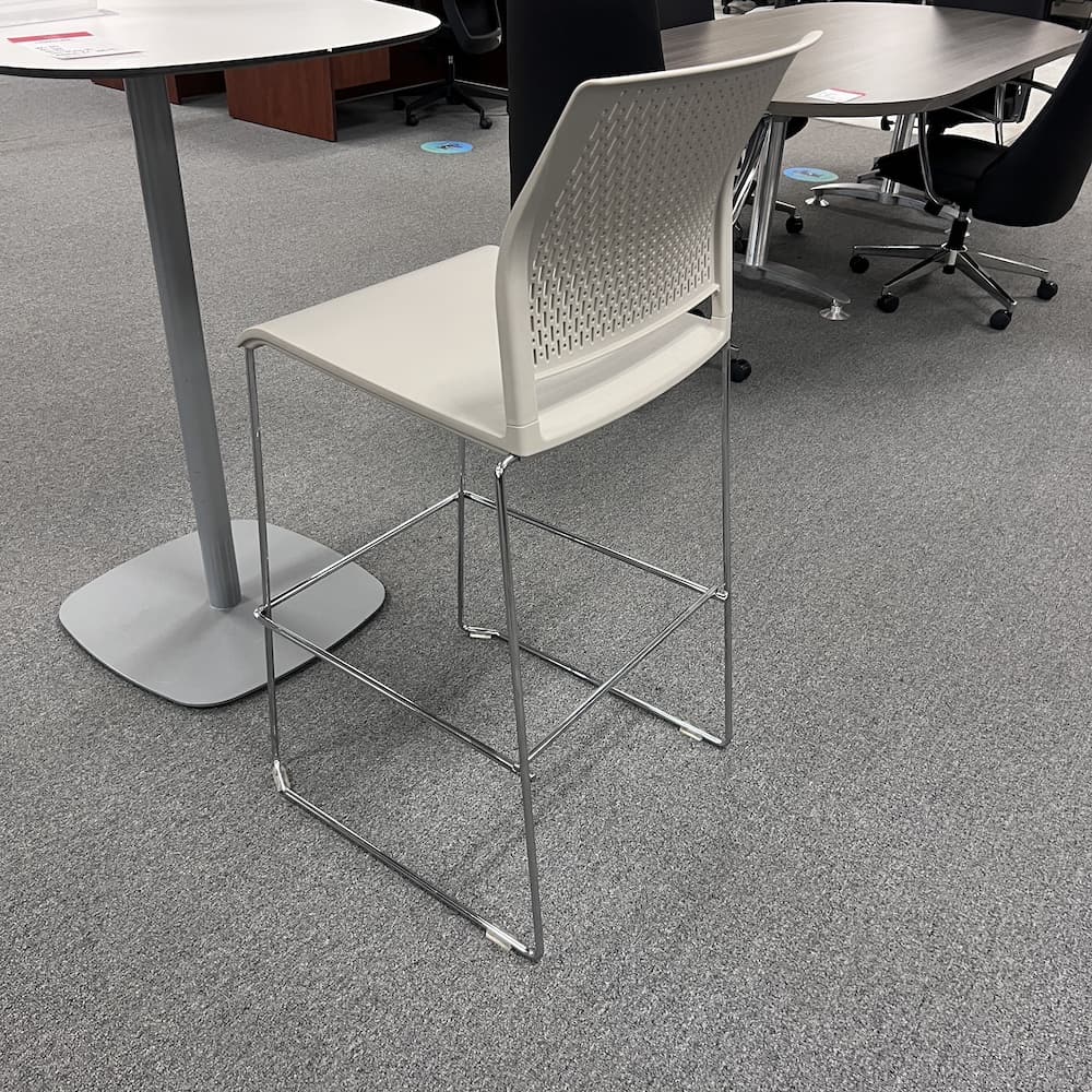 light taupe plastic seat with chrome legs, bar height stool, used office furniture, Kimball, national furniture ditto