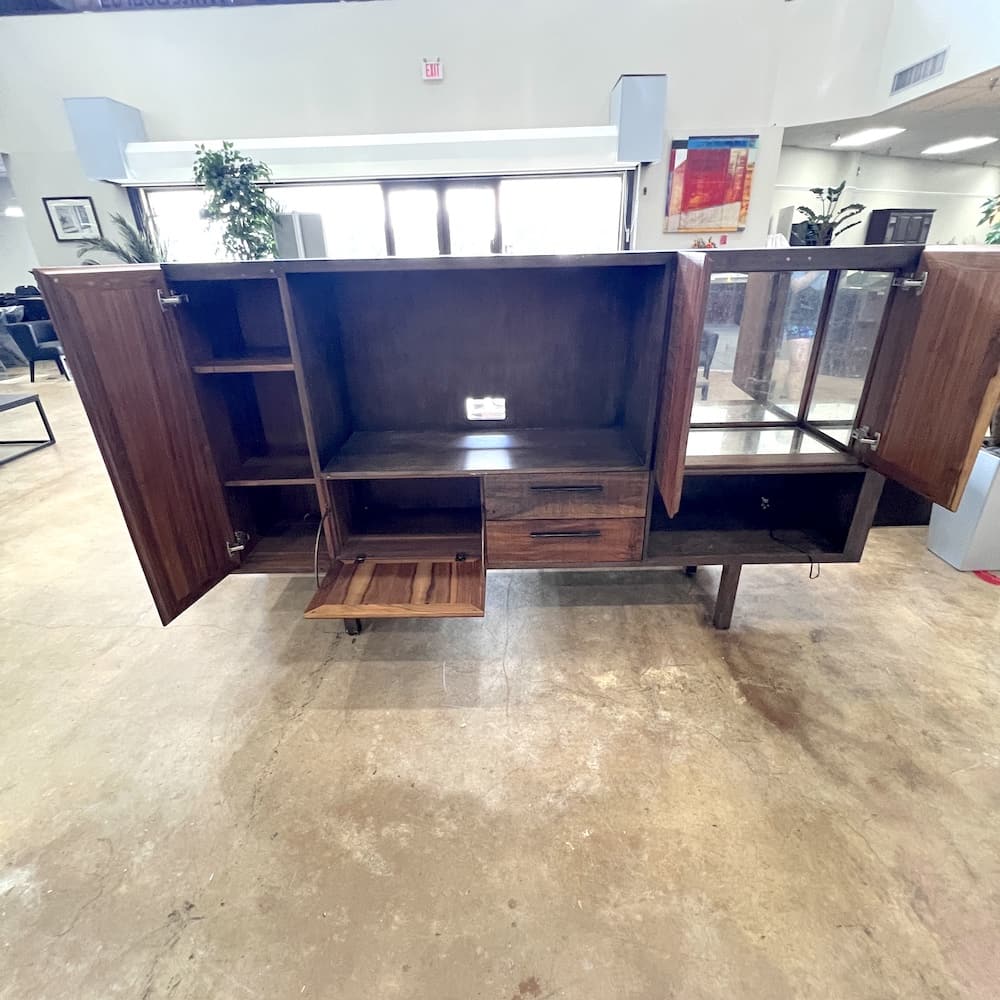 four hands media tv console center, walnut wood, mid century modern, used home furniture, used office furniture