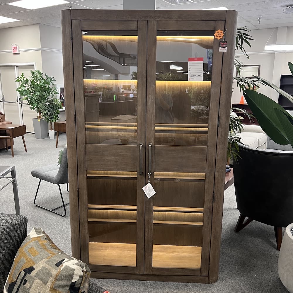 walnut curio cabinet with glass and lights and shelves, two doors, used furniture, home, display