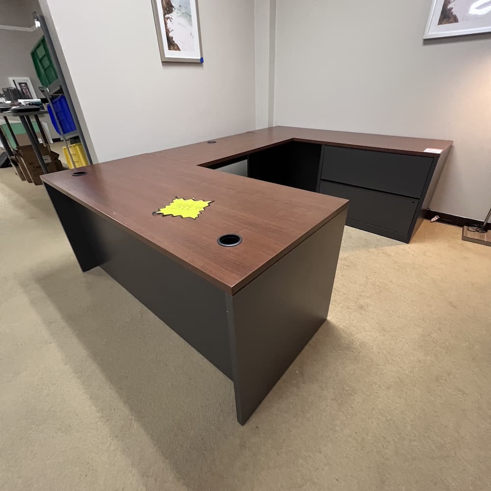 Walnut and grey laminate u-desk right return with 2 drawer lateral file, used office furniture, hon brand