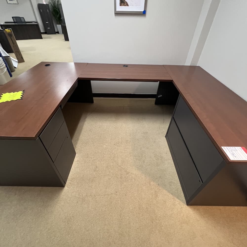 Walnut and grey laminate u-desk right return with 2 drawer lateral file, used office furniture, hon brand