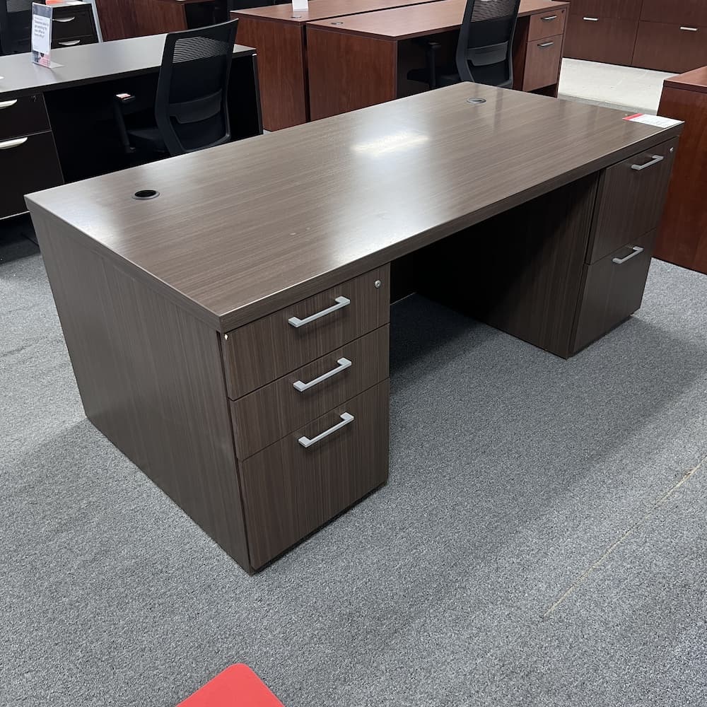 walnut laminate desk double pedestal with silver pulls, teknion brand, used office furniture