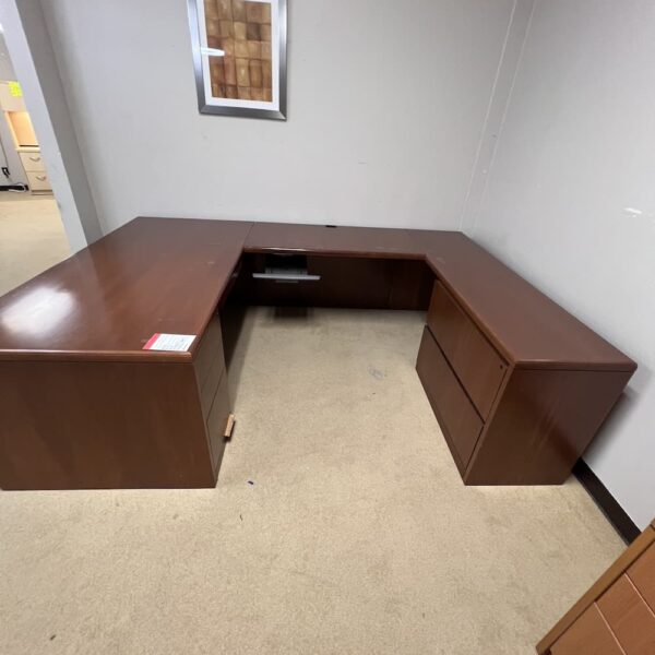 walnut veneer u-desk, right return, 2 drawer lateral file, used office furniture