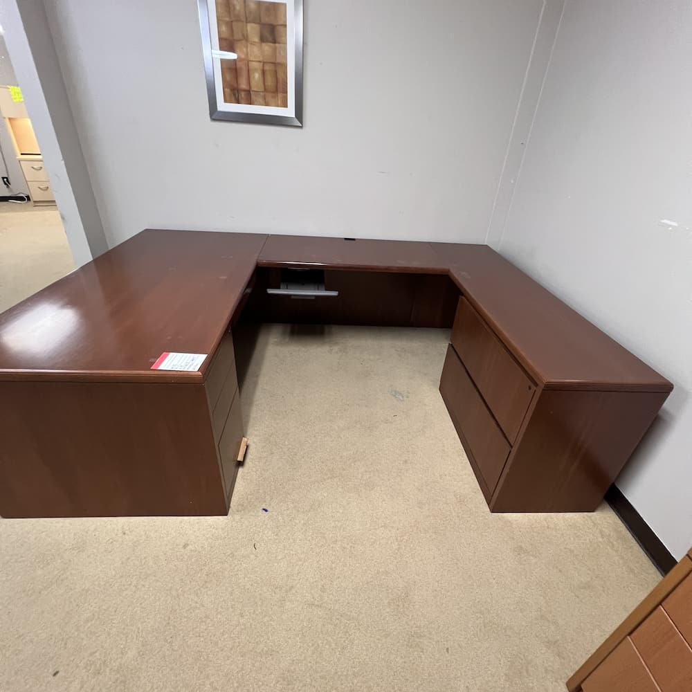 walnut veneer u-desk, right return, 2 drawer lateral file, used office furniture