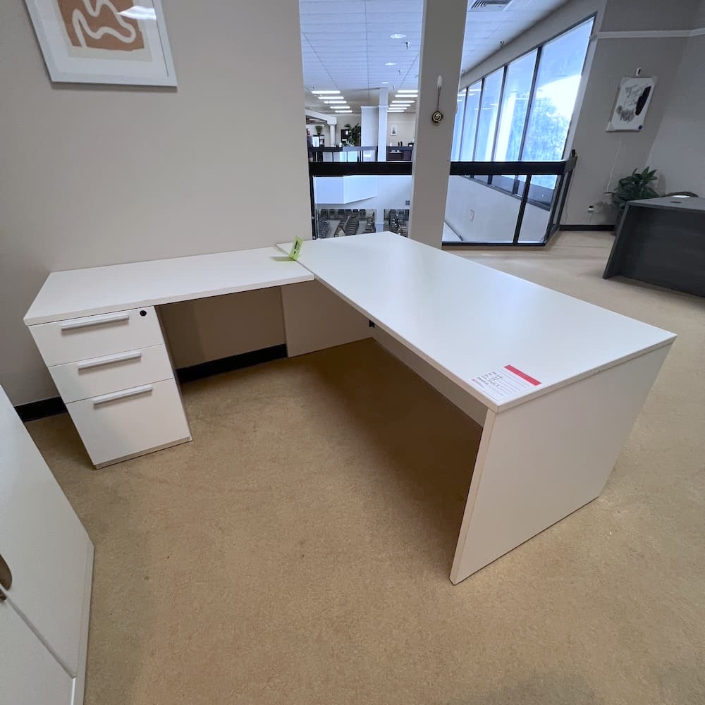 white laminate l-desk left return, single box/box/file, used office furniture